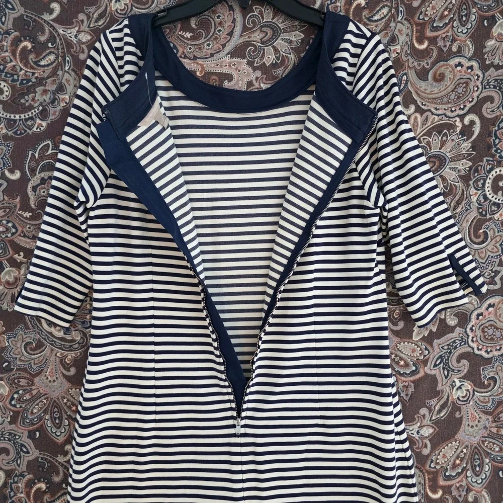 Banana Republic Navy White Striped Sheath Dress Scoop Neck Elbow Sleeve Size 10 - Picture 12 of 16